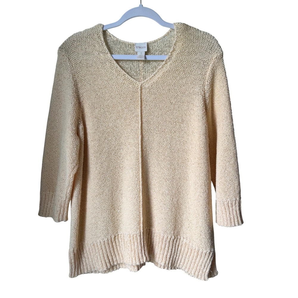 Chico's Yellow Cotton Blend Summer Sweater V-Neck Open Knit‎ Size 3 XL